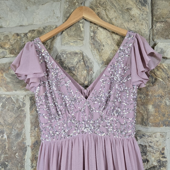BHLDN Daphne Sequin Flutter Sleeve Chiffon Dress Gown - Picture 3 of 8